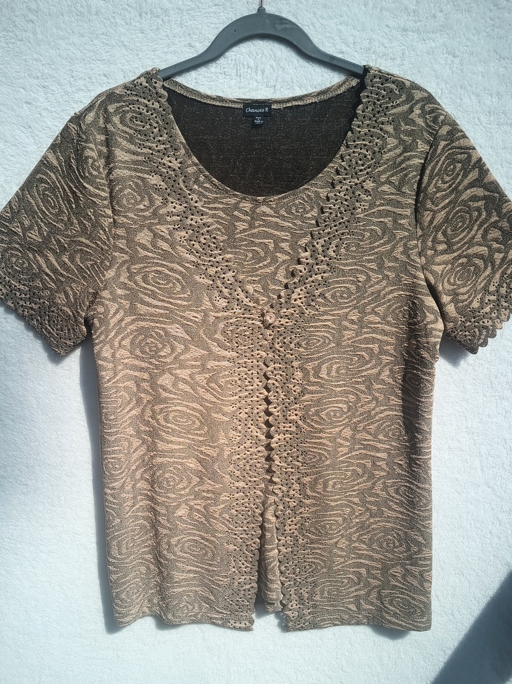 Chances R Taupe Crochet-Trim Short Sleeve Button-Front Top
